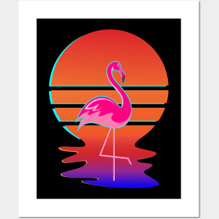 Pink Wading Flamingo in front of Retro Glitch Sunset Posters and Art
